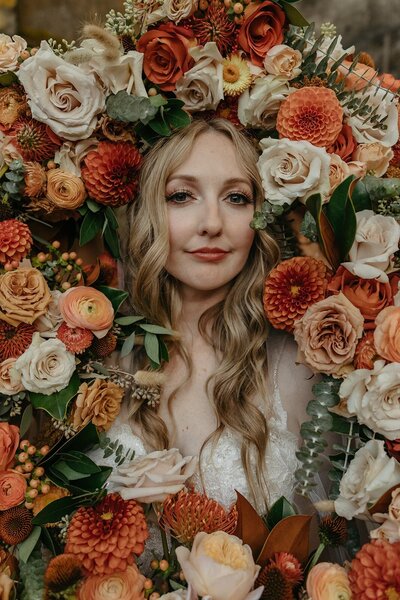 Bride Bride Surrounded by Flowers Bouquets - Megan & Amber | Hood River Wedding  - LGBTQ Wedding