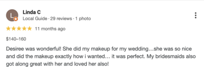 Client review highlighting high-end bridal makeup services by Skinlux Beauty Bar.
