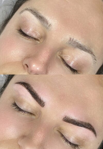 Permanent makeup before and after with woman with brown eyebrows by Vamp Cosmetic