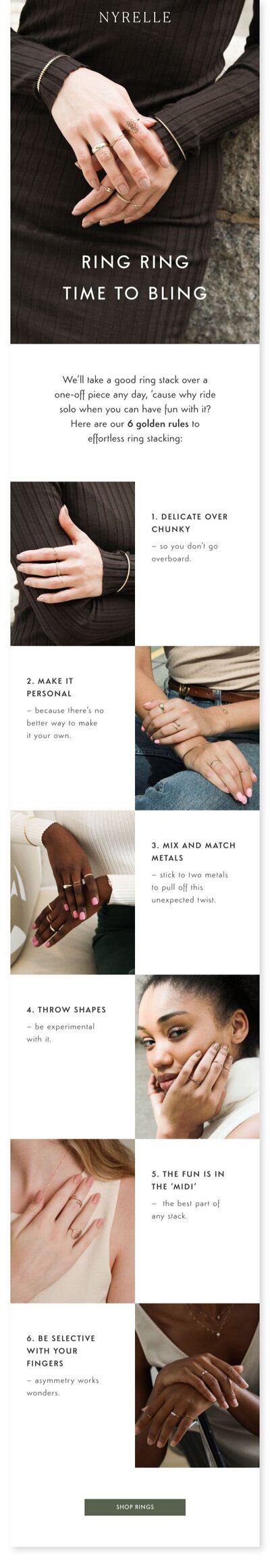 Effective and Engaging Promotional Email Design by Hong Kong-based Graphic Designer Kyra Janelle for Ethical Jewelry Brand NYRELLE on Ring Stacking.