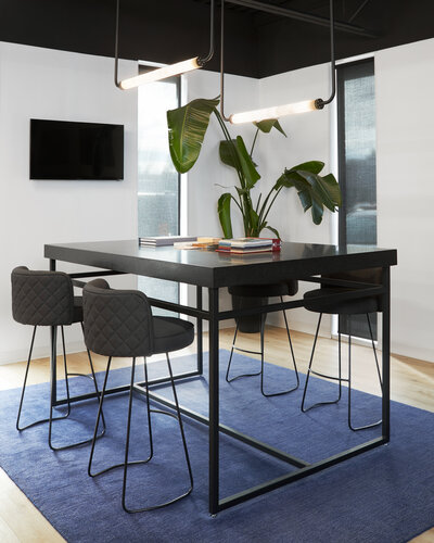 A high black table holding various books and surrounded by elegant bar chairs over a deep blue carpet. The room also contains a small wall-mounted TV screen, a large potted plant, and two bar light fixtures