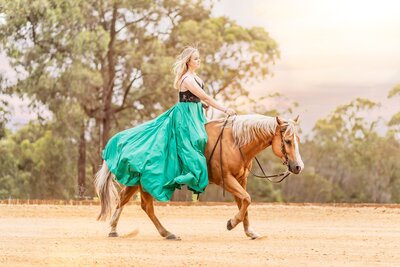 31. Girl rides horse bareback in long dress Half Steps Photography
