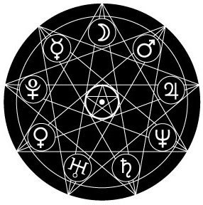 Black and white magickal symbol depicting a nine pointed star that houses the symbol of each planet in each point and has a pentacle in the center