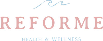 Blue wave illustration sits above serif font "Reforme" with sans serif "health and wellness" in all caps centered below