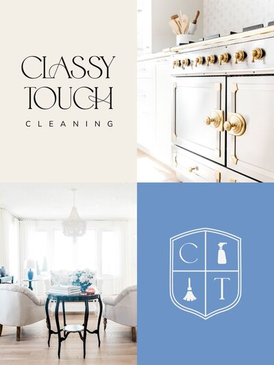 Grid of four images showing the Classy Touch logo on cream, a luxury kitchen with gold accents, a sunlit sitting room, and the blue shield-style monogram with icons for spray bottle and broom.
