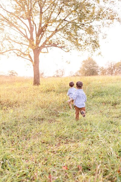 Toddler brothers run through field at Hopkins Farm at Sunset