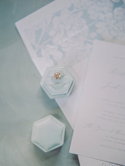 A wedding ring on a wedding invitation.