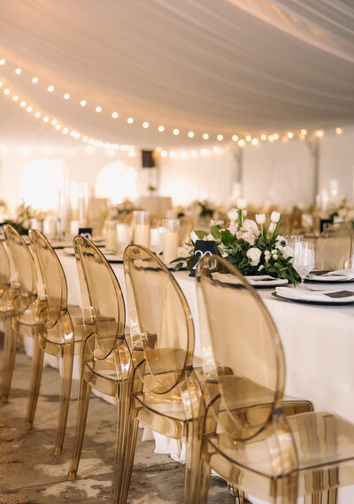 Twin Falls couple Sabrina and Rigden's wedding day with stunning champagne ghost chairs from Idaho Tents & Events
