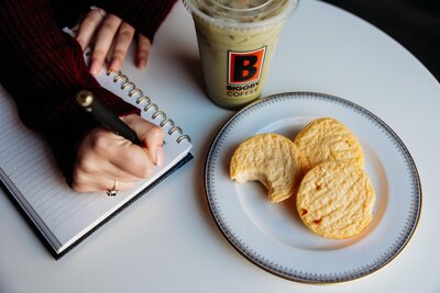 Biggby coffee egg bites and matcha drink.