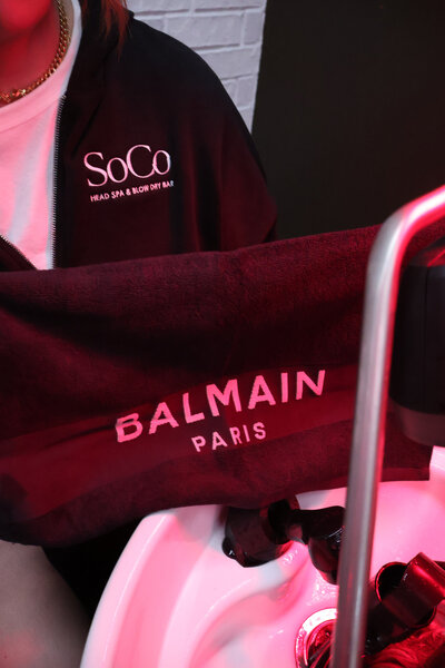 Flatlay of scalp care products used during SoCo Head Spa’s signature treatments.