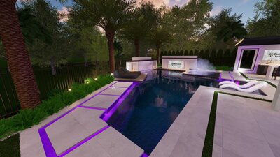 Custom-designed fire and water feature in a luxury modern San Diego backyard.