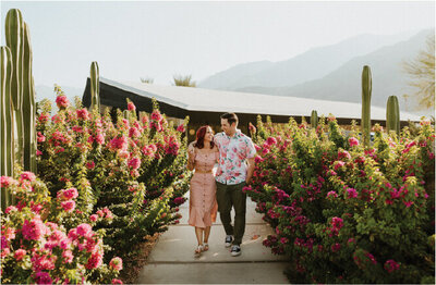 couple walking through flowers and cacti