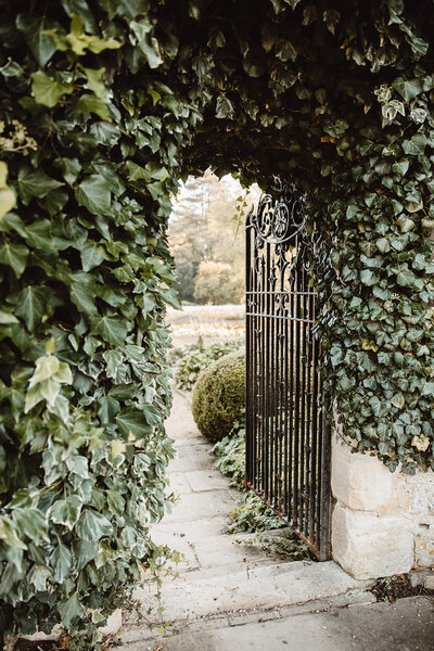 Cute metal gate leading to a garden covered in ivy