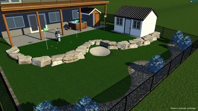 Using the most advanced technology for landscape design, we designed a backyard putting green, with a retaining wall for difficulty and also allowing to use the slope from their backyard as an asset, additional is a decorative rock planter with small shrubs and 2 oak annual planters.