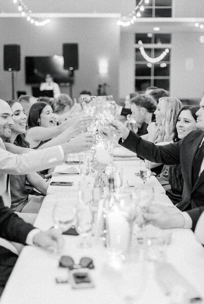 Reception guests cheering wine glasses at Blue Valley Vineyard in Deleplane, Virginia. Captured by DC Wedding Photographer Bethany Aubre Photography.