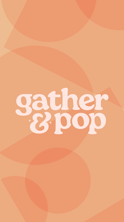 Gather & Pop logo on an apricot abstract shapes background