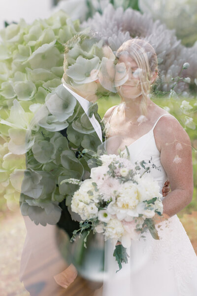 South Carolina Wedding Photography | Double exposure photo of bride and groom mixed with bouquet