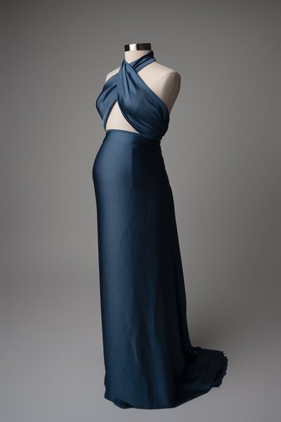Ocean blue two-piece maternity fabric with criss-cross top