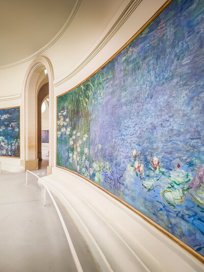 A curved gallery room displays large paintings of water lilies, featuring vibrant blue and green hues. The paintings are set in gold frames, and natural light floods through an arched doorway on the left. A white bench lines the wall.
