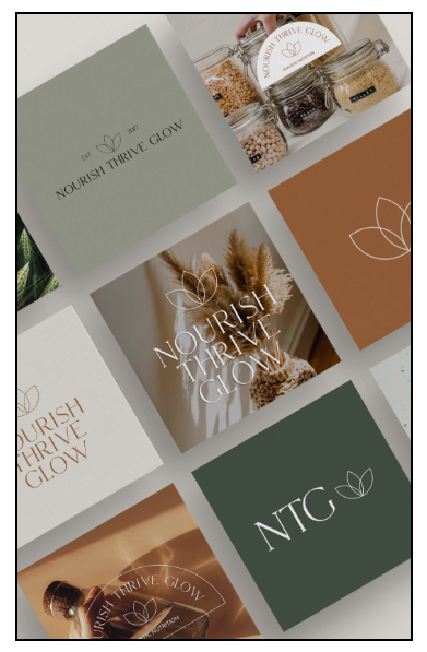 Brand and logo mock-ups by Emma Leigh Studios for wellness brand Nourish Thrive Glow.