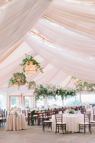 Rosecliff Mansion ballroom featuring white flowers.