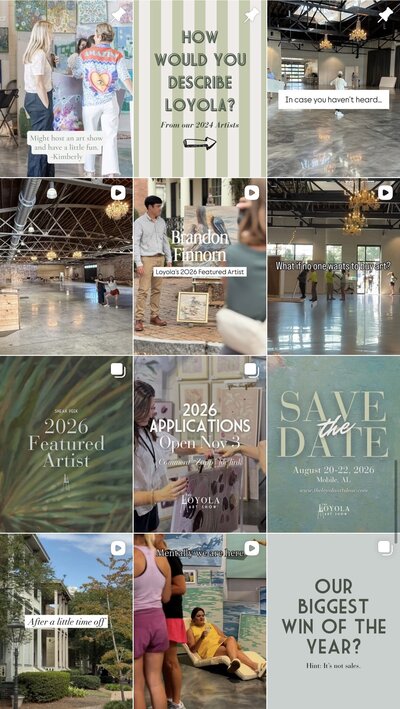 screen shot of loyola art show instagram feed which shows 12 posts including save the date featured artist announcements and more