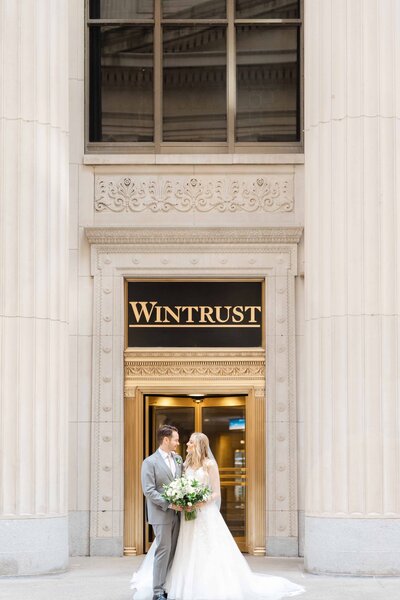 Elegant wedding portrait of bride and groom in Chicago