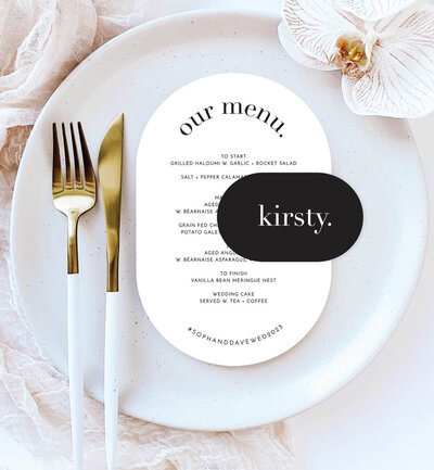 Arch menu and wave place card in big love design, neutral colours