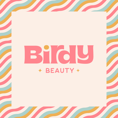 Birdy Beauty logo on a wavy striped background