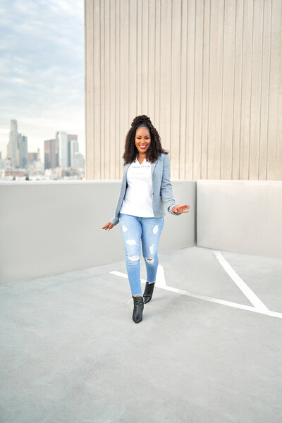 Lifestyle images  of women walking on a downtown  city rooftop