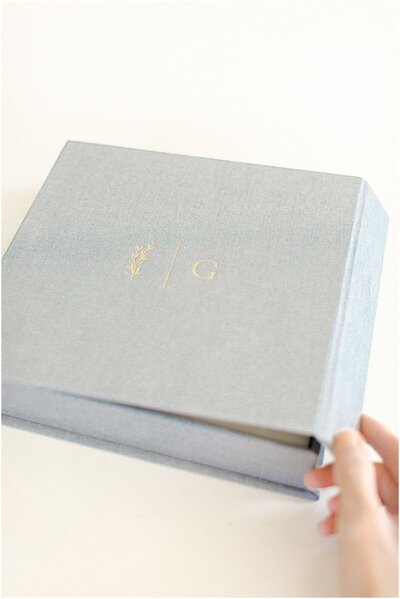 Heirloom photography print box in blue linen with gold debossing