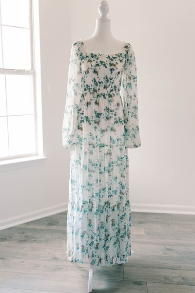 Women's white and blue floral pattern dress.
