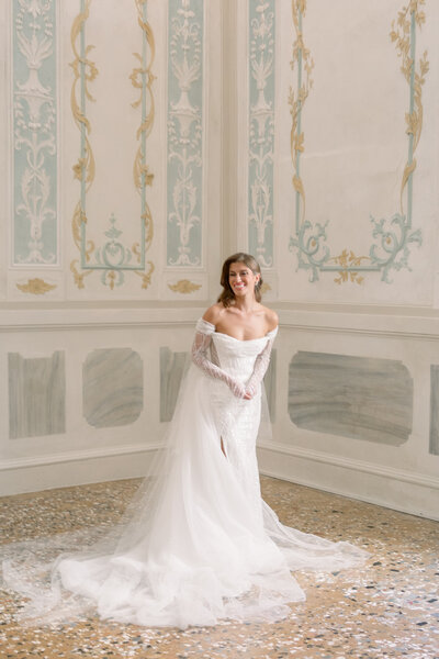 Editorial photo of a bride in a luxury gown in Venice, Italy.