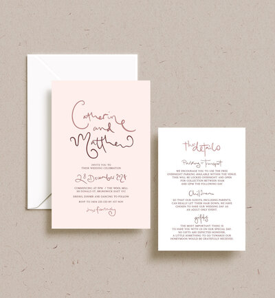 Invitation and details card in Poeme hand drawn script style