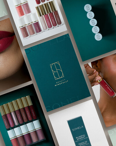 Teal and gold brand mockups for a luxury cosmetics brand, designed with a refined aesthetic