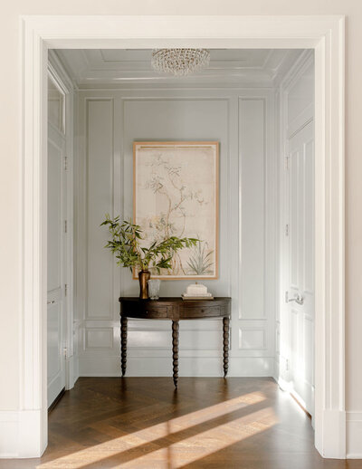 Primary bedroom with wood tones, texture and wood ceilings by Kira David Design