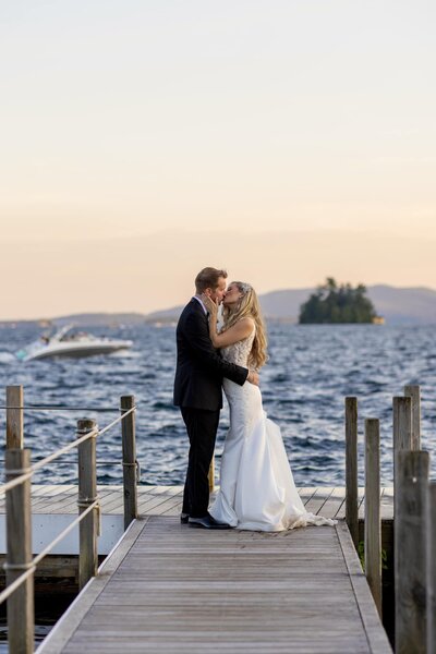 Bride and groom with ocean