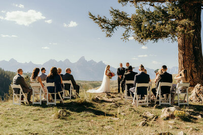 bride and groom getting married outside surrounded by wedding guests with mountains in the background