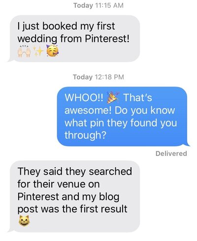 Pinterest client texting about getting client to Julia Renee Consulting