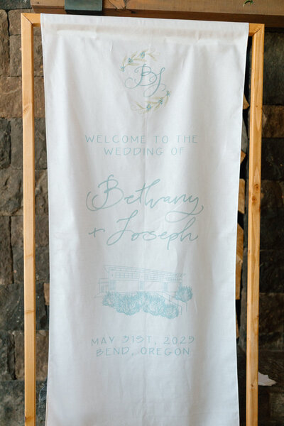Flowers and wedding day signage welcome guests with customized calligraphy by Life in Letters.