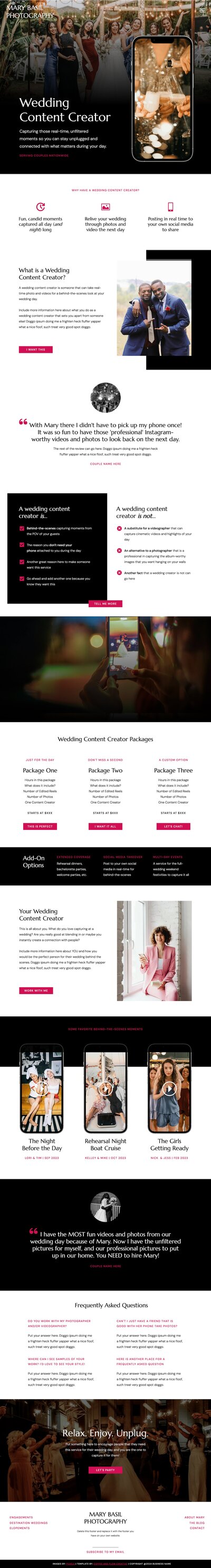Showit template for photographers offering wedding content creation