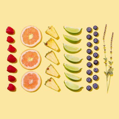diced fruit arranged geometrically
