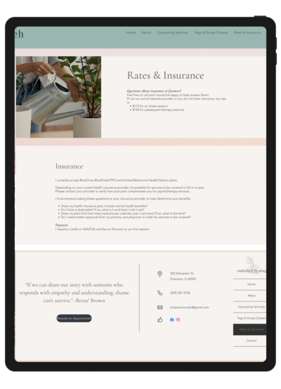 A screenshot of Embodied Healing Counseling and Yoga's previous website design displayed on an iPad, showing the outdated layout and structure before the redesign by Unica Formo to enhance user experience and functionality.