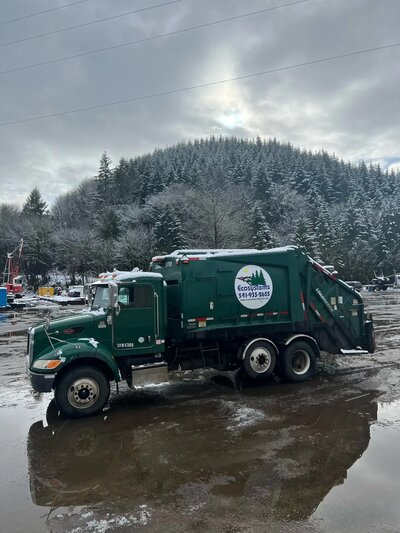 Ecosystems transfer and recycling and garbage truck in winter in Lane County.