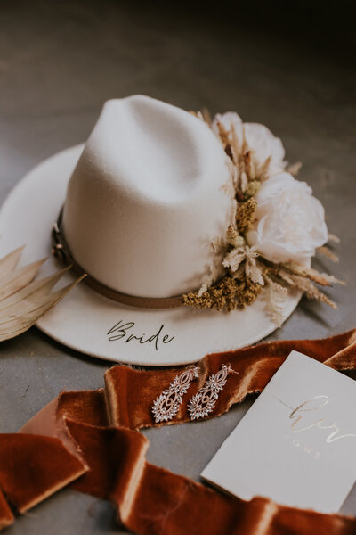 wedding day details bridal hat earrings silk ribbon