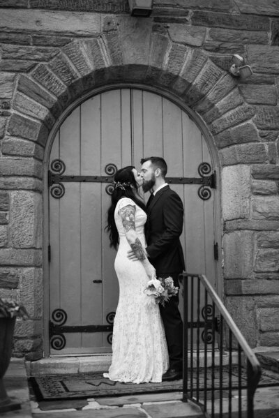 Bride and groom embracing