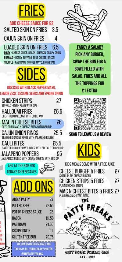 The Patty Freaks Menu Fries Sides and childrens menu