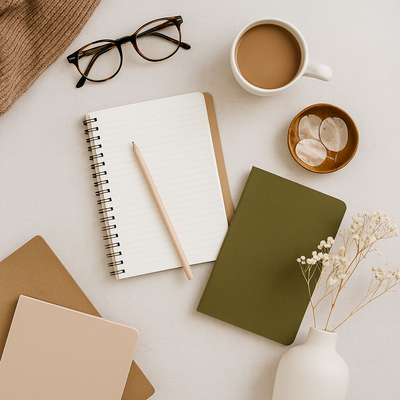 A stylish flat lay of a desk workspace featuring notebooks, reading glasses, and cozy accessories—perfect for blogging and productivity inspiration.
