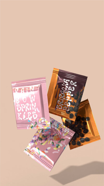 mockup of unique toppins for dreamy dough pizzeria one with rainbow sprinkles and one is sriracha pepper
