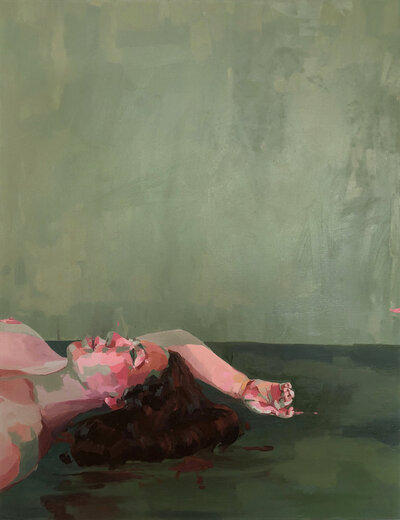Kristin McGraw art fine art painting figure painting on a green field, oil painting, green, pink, Kristin Mcgraw studio art collection